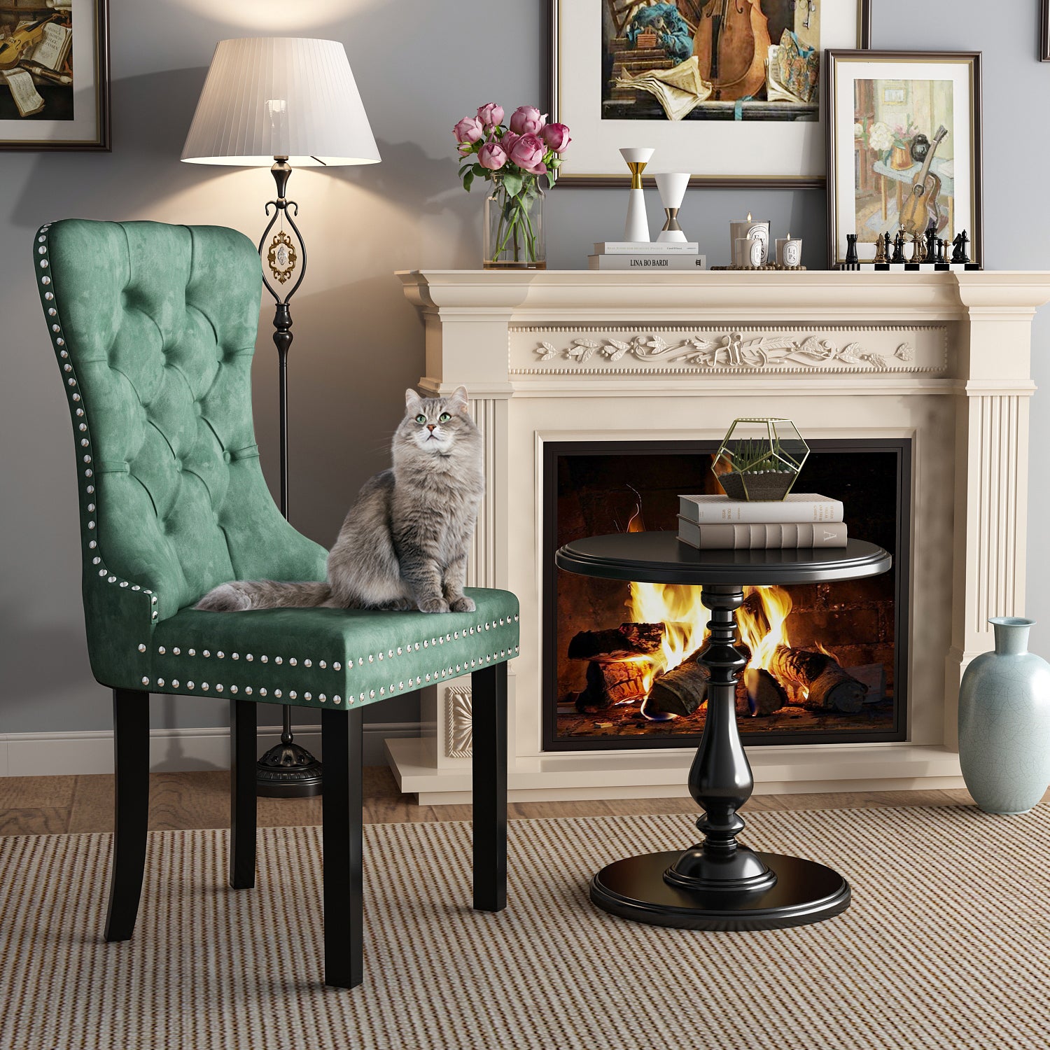 Dining Chairs Set of 2 Soft Padded Side Chairs Green & Black with Oak Legs for Living Room
