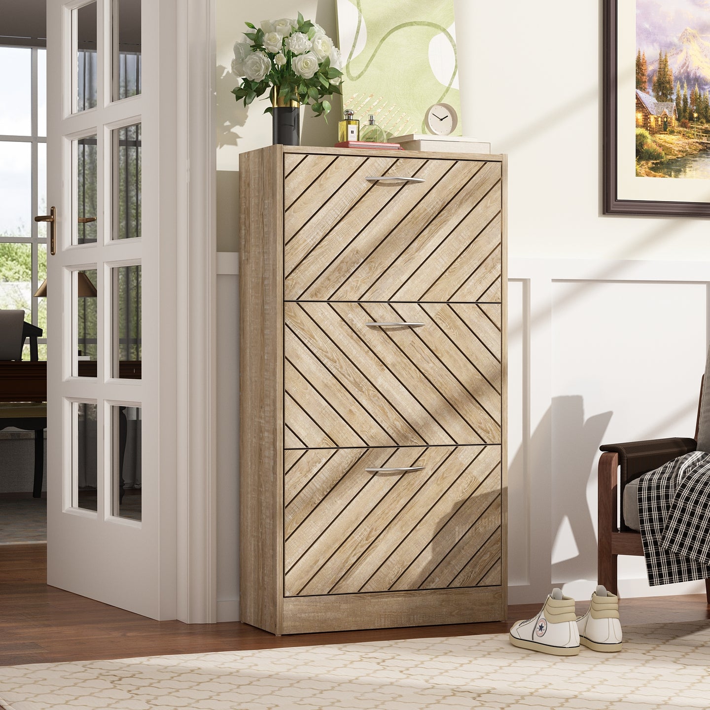 Shoe Cabinet with 3 Flip Drawers Distressed Shoe Organizer for Hallway Entryway