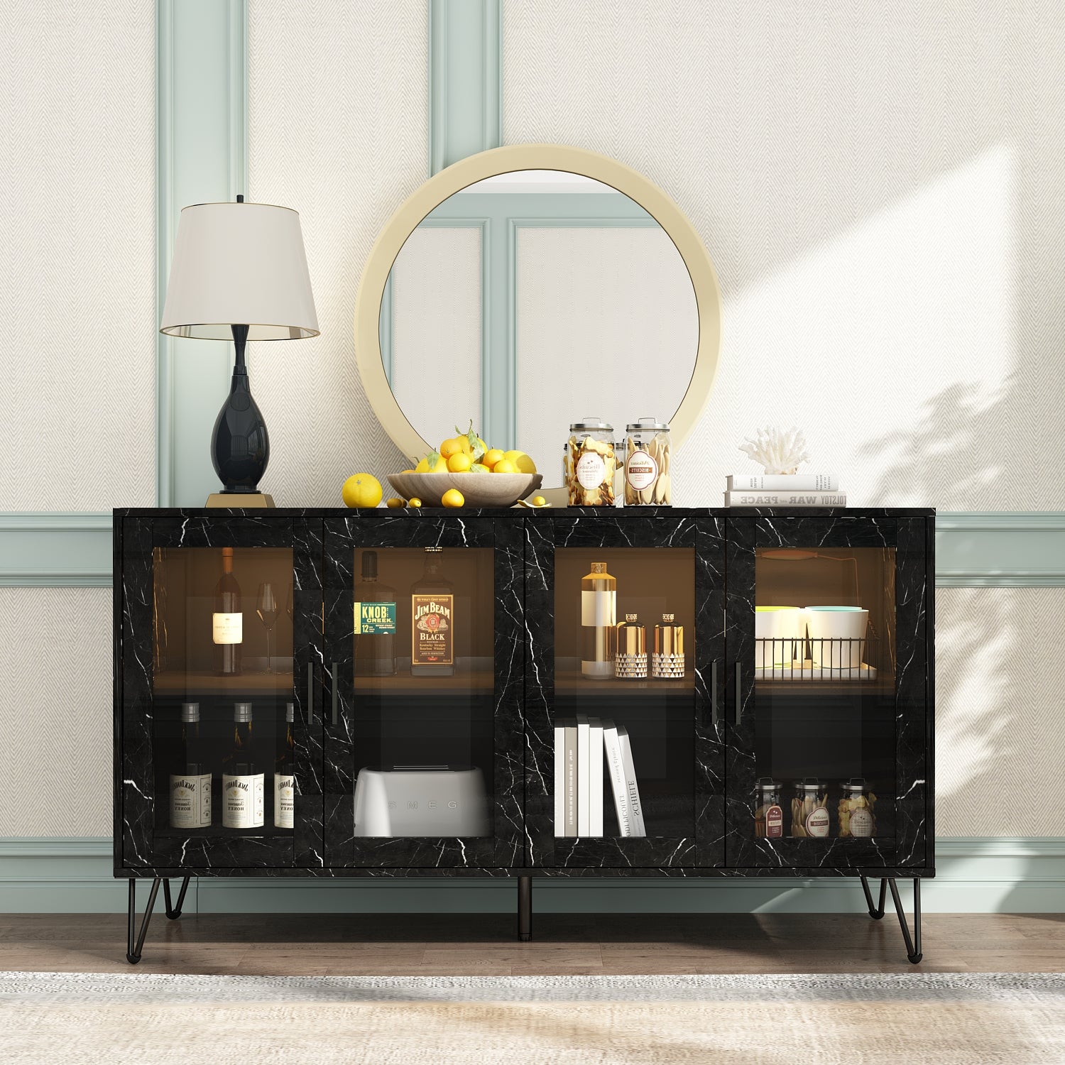Lighted Sideboard Buffet Storage Cabinet with Glass Doors Adjustable Shelves & Metal Legs Marble Grain