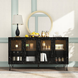 Lighted Sideboard Buffet Storage Cabinet with Glass Doors Adjustable Shelves & Metal Legs Marble Grain