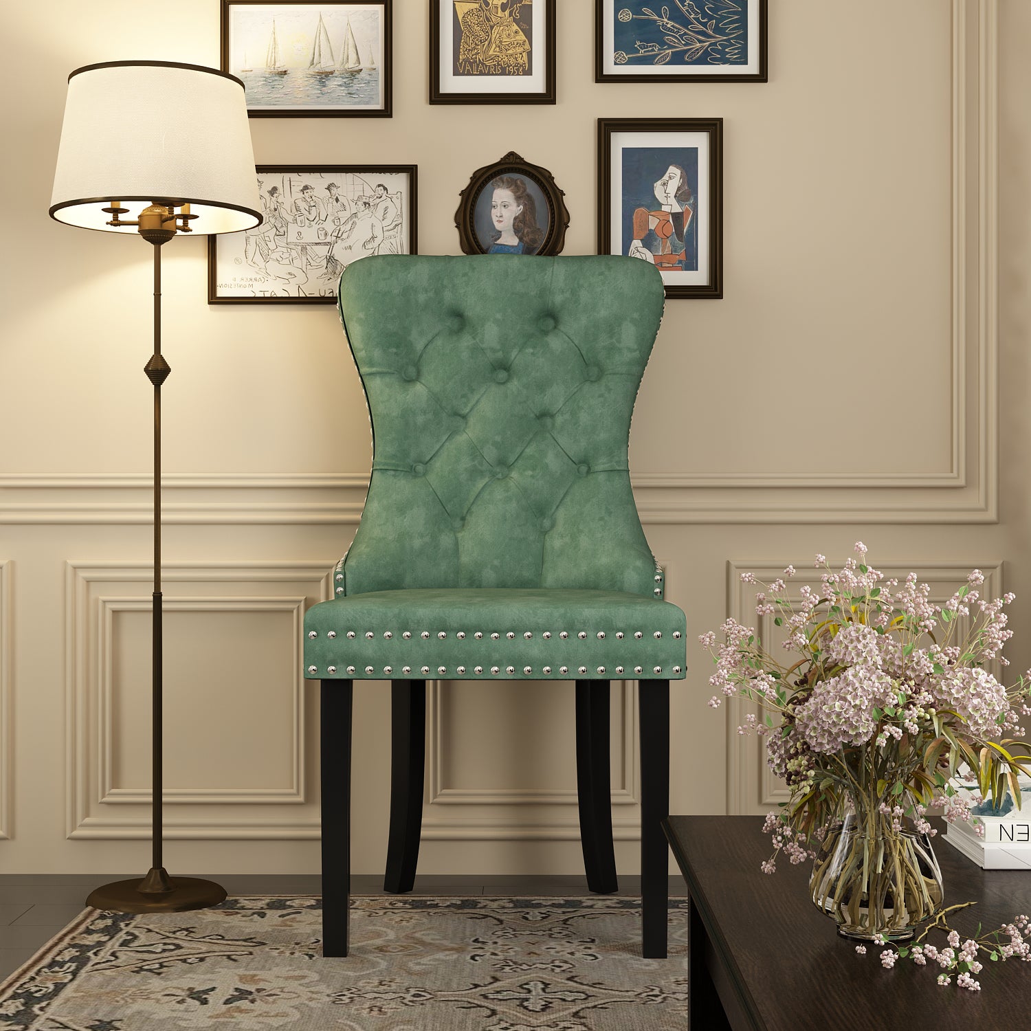 Dining Chairs Set of 2 Soft Padded Side Chairs Green & Black with Oak Legs for Living Room