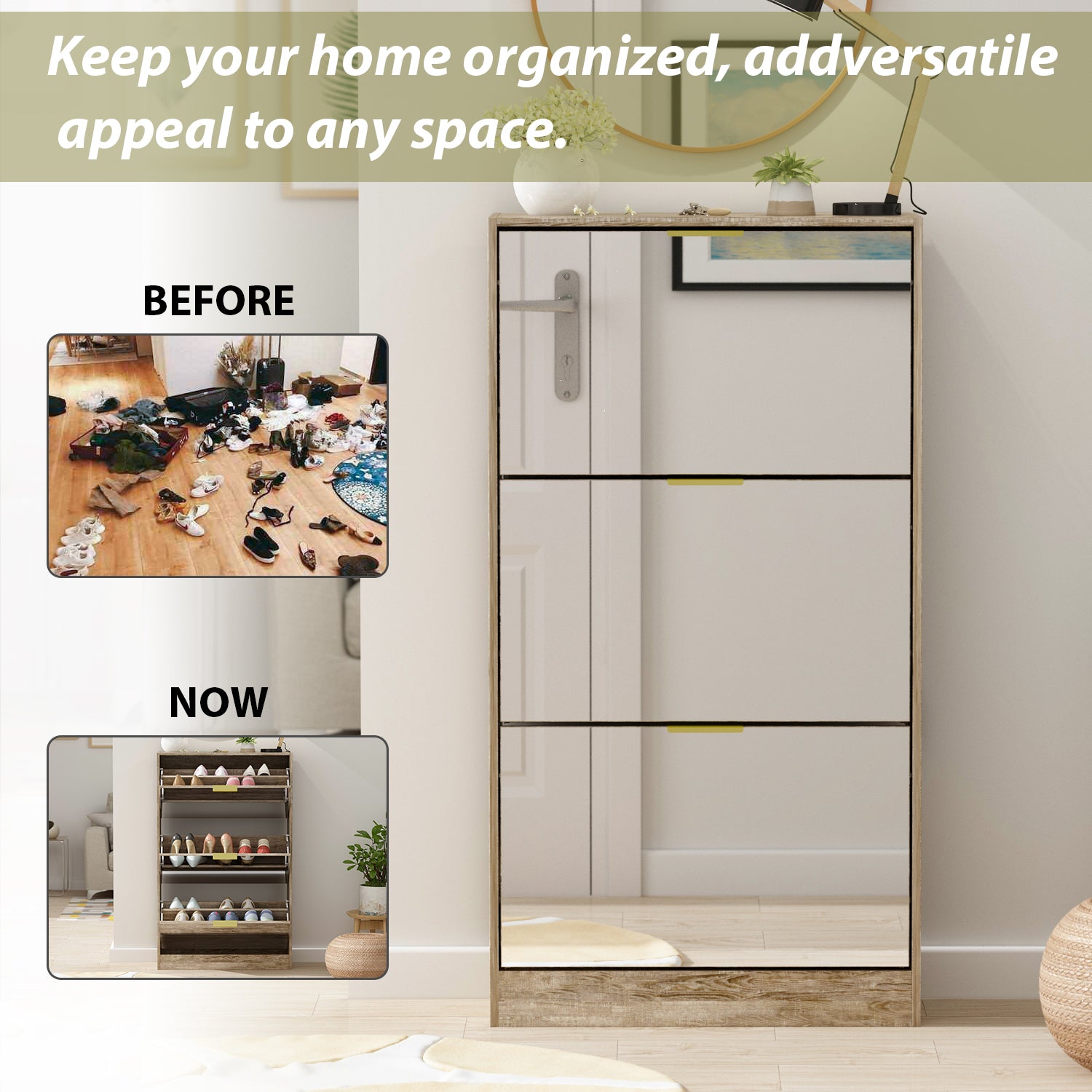 Entryway Shoe Storage Cabinet with 3 Flip Drawers Wood Shoe Cabinet Shoe Organizer with Mirrored Front