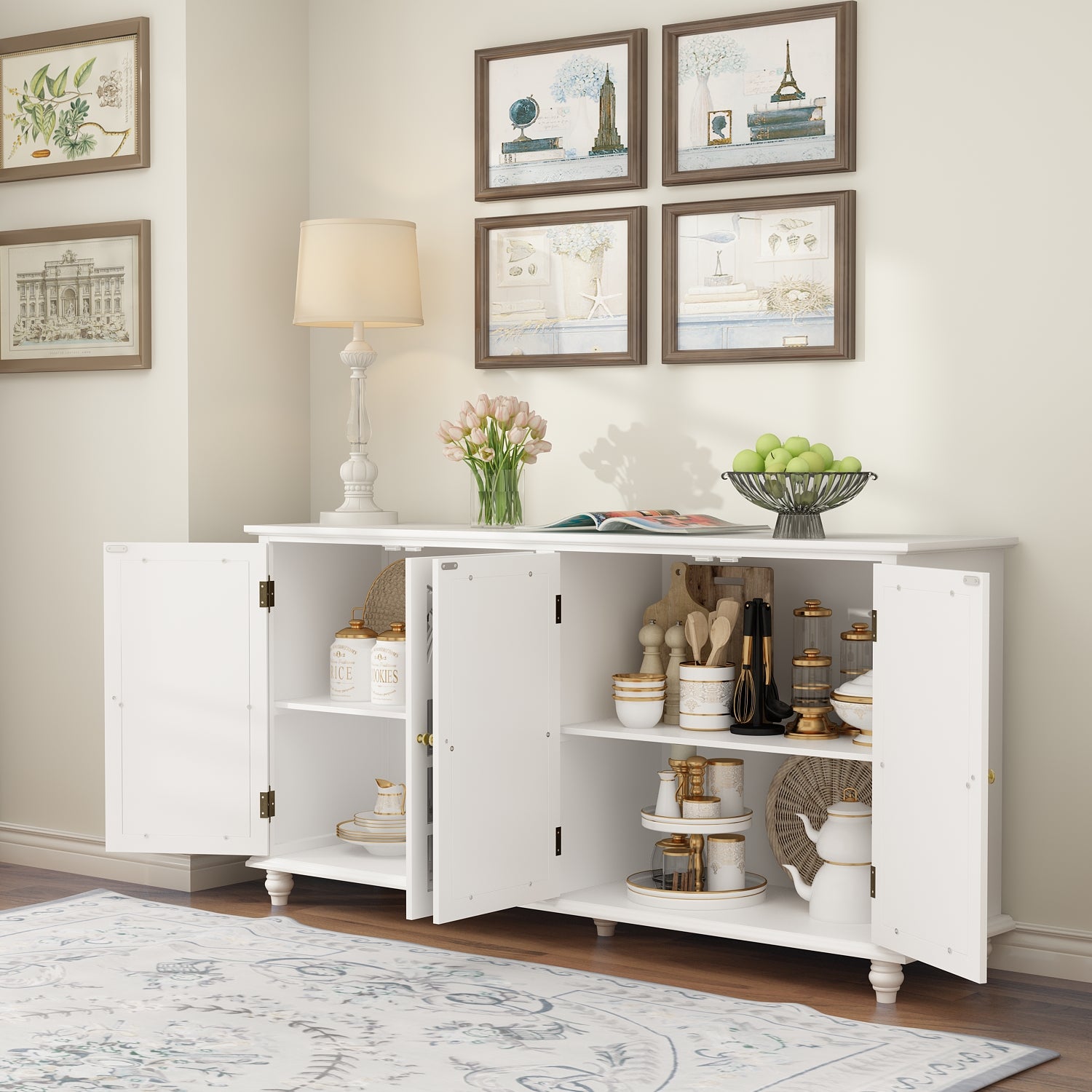 Wood Storage Cabinet Modern Sideboard Stand with 4 Mirrored Glass Doors