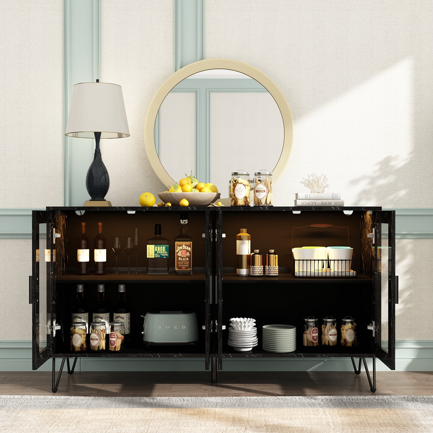 Lighted Sideboard Buffet Storage Cabinet with Glass Doors Adjustable Shelves & Metal Legs Marble Grain