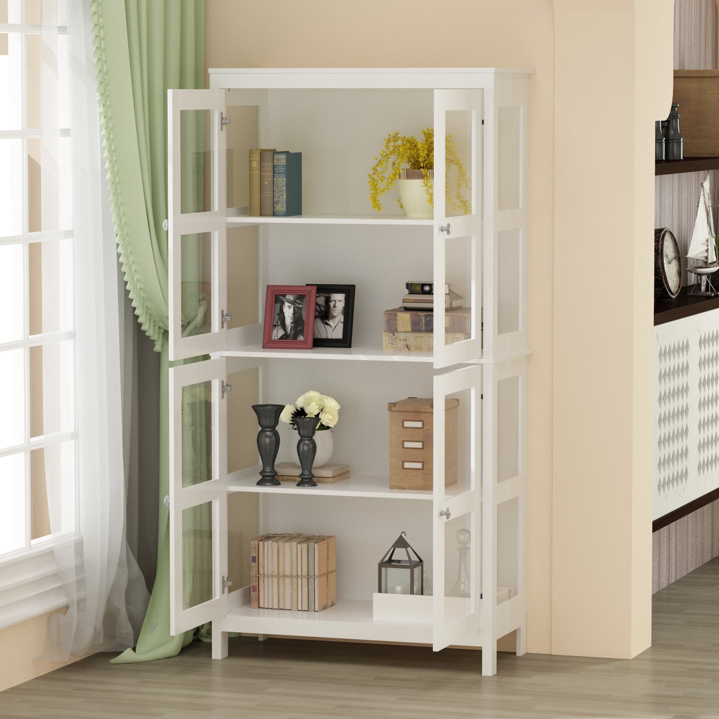 Bookshelf 4-Storey Storage Stand Storage Cabinet Bookcase Display Cabinet with Tempered Glass Doors