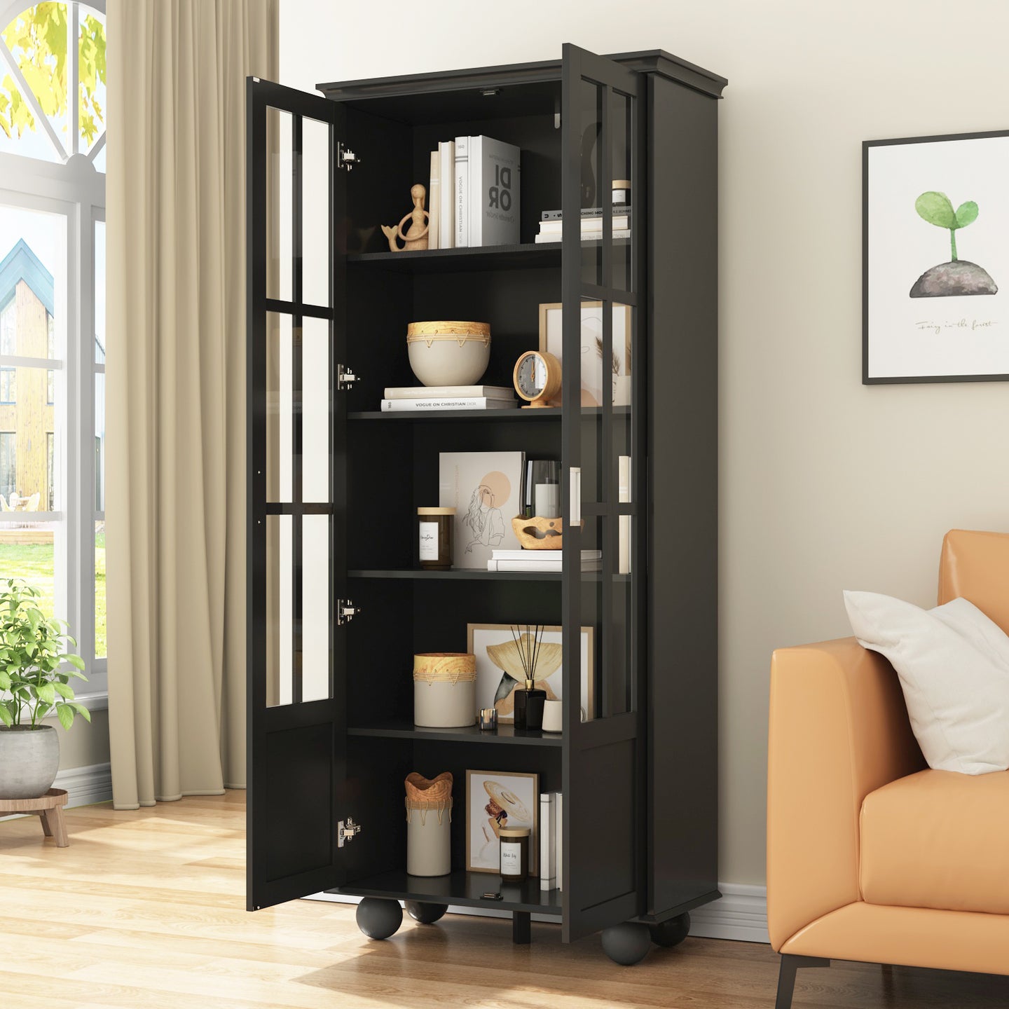Storage Cabinet with Glass Door Display Cabinet Tall Bookshelf with Large Storage for Study Office Dining Room
