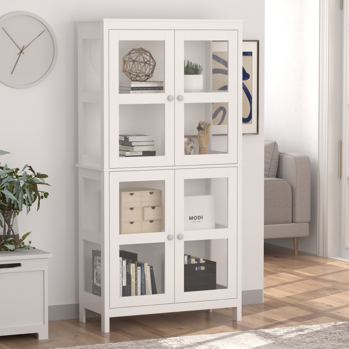 Bookshelf 4-Storey Storage Stand Storage Cabinet Bookcase Display Cabinet with Tempered Glass Doors