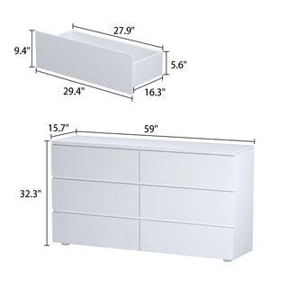 Distressed Sideboard 6-Drawer Storage Buffet Display Table Grain Texture for Living Room and Kitchen