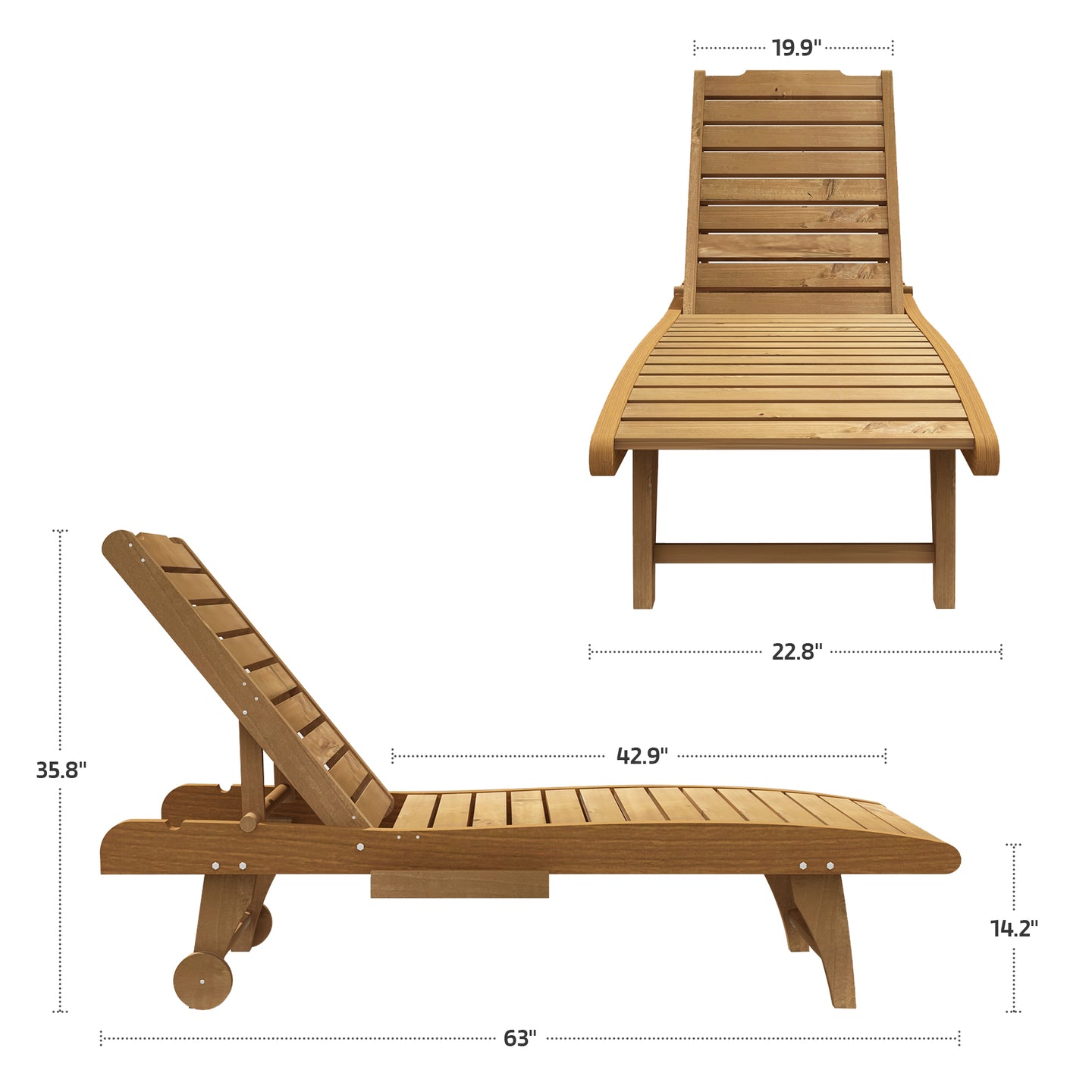 Lounge Chair Wooden Beach Chair with Wheels and Tray Adjustable Chair